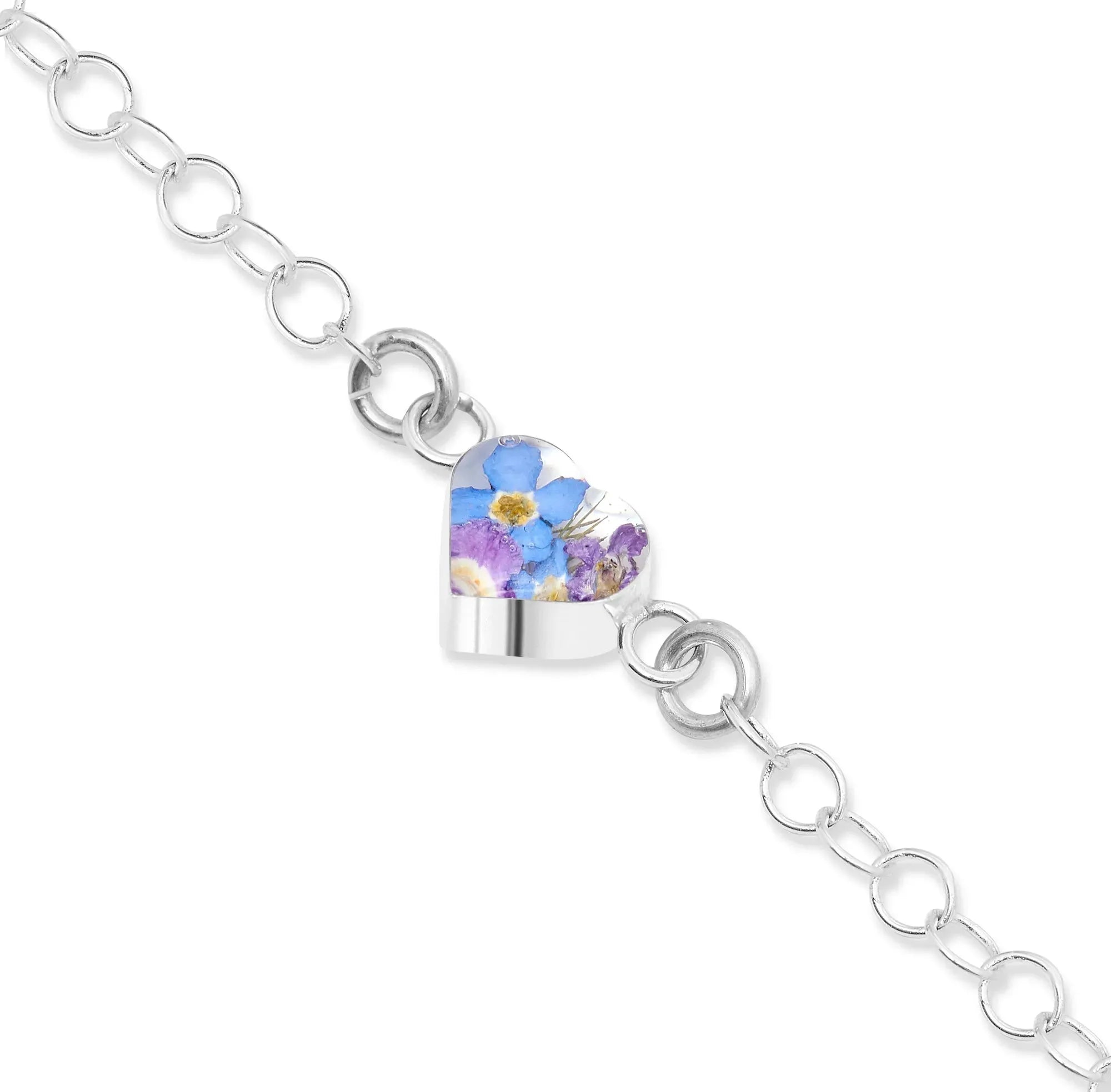 Náramek Purple Haze Heart Round link chain s pravými květinami ve stříbře | Křičící fialová®