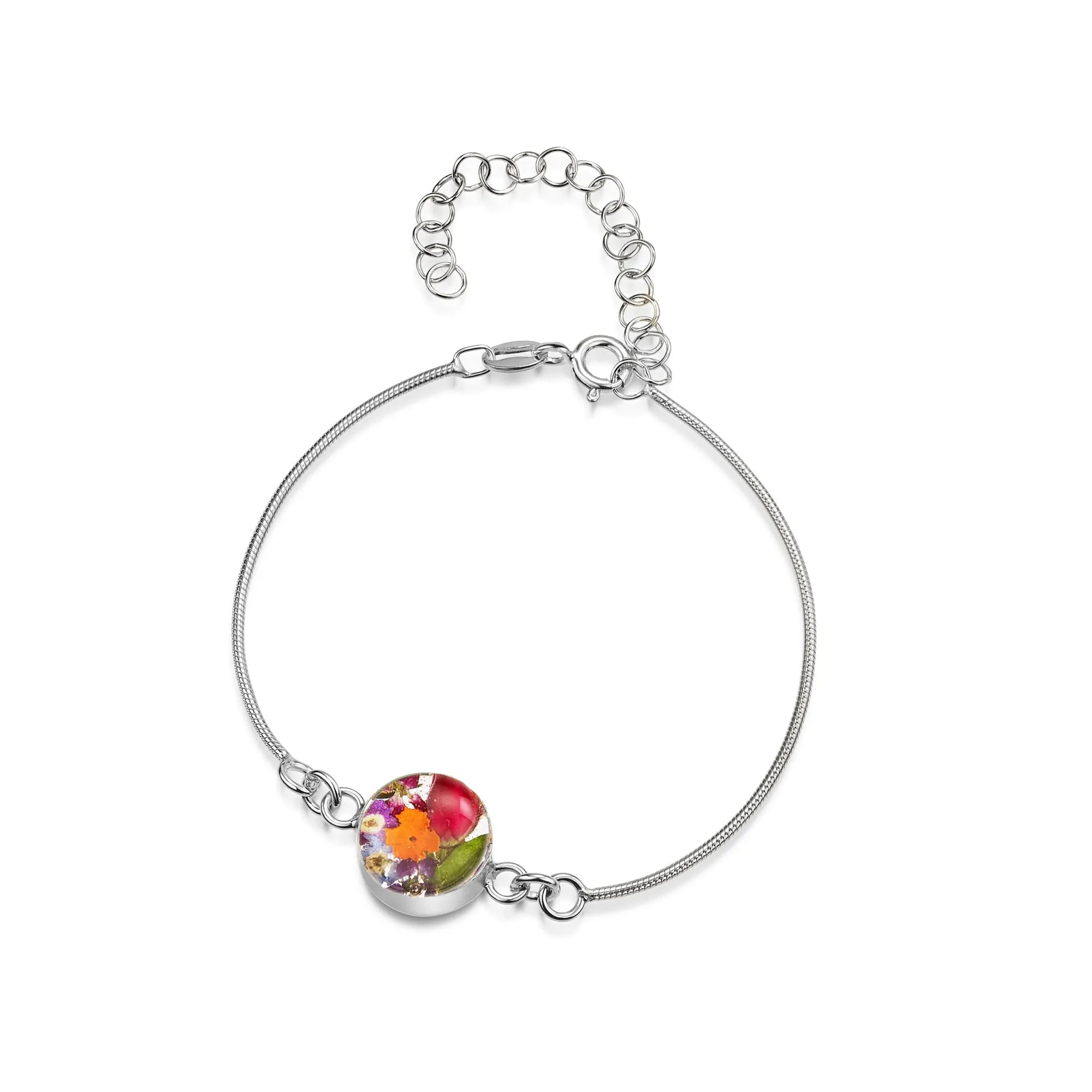 Zilveren slangketting armband met echte bloemen – handgemaakte botanische sieraden