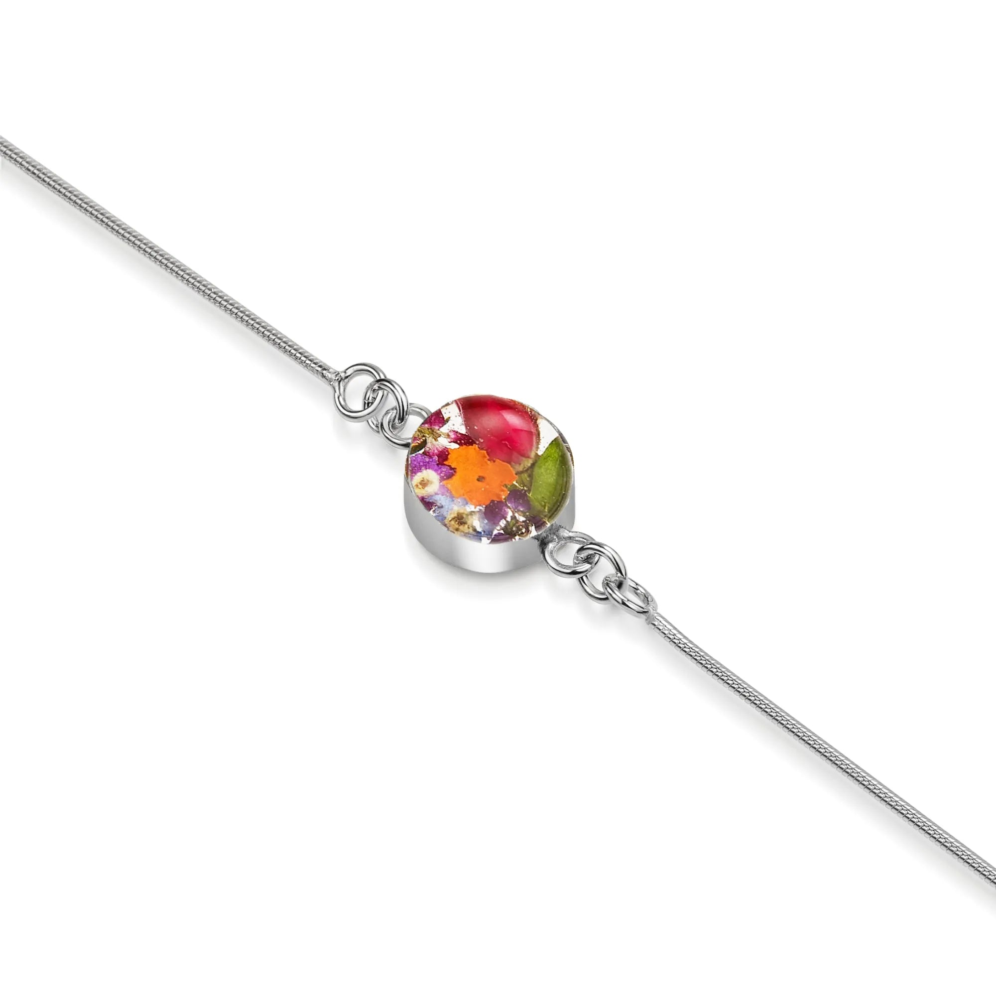 Zilveren slangketting armband met echte bloemen – handgemaakte botanische sieraden