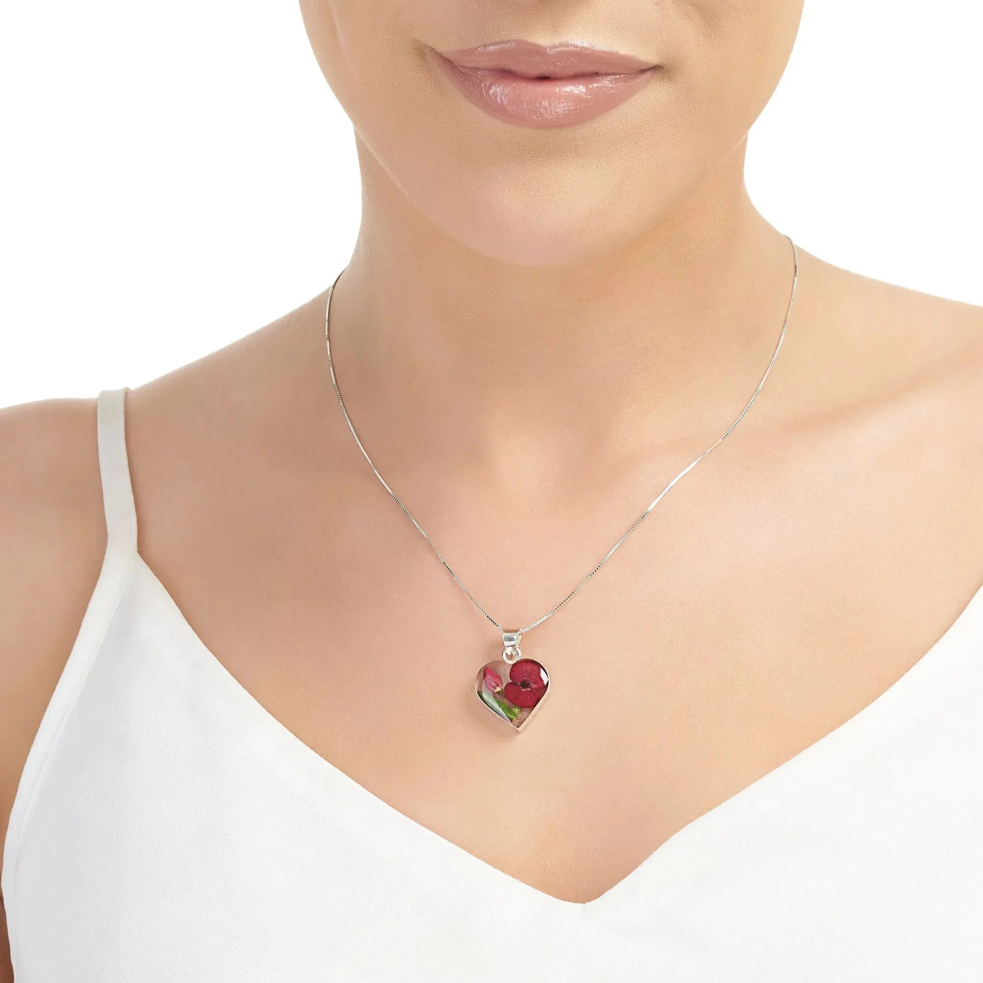 Miniatuur Roos & Klaproos Hart Hanger Ketting | Met de hand gemaakt met echte bloemen