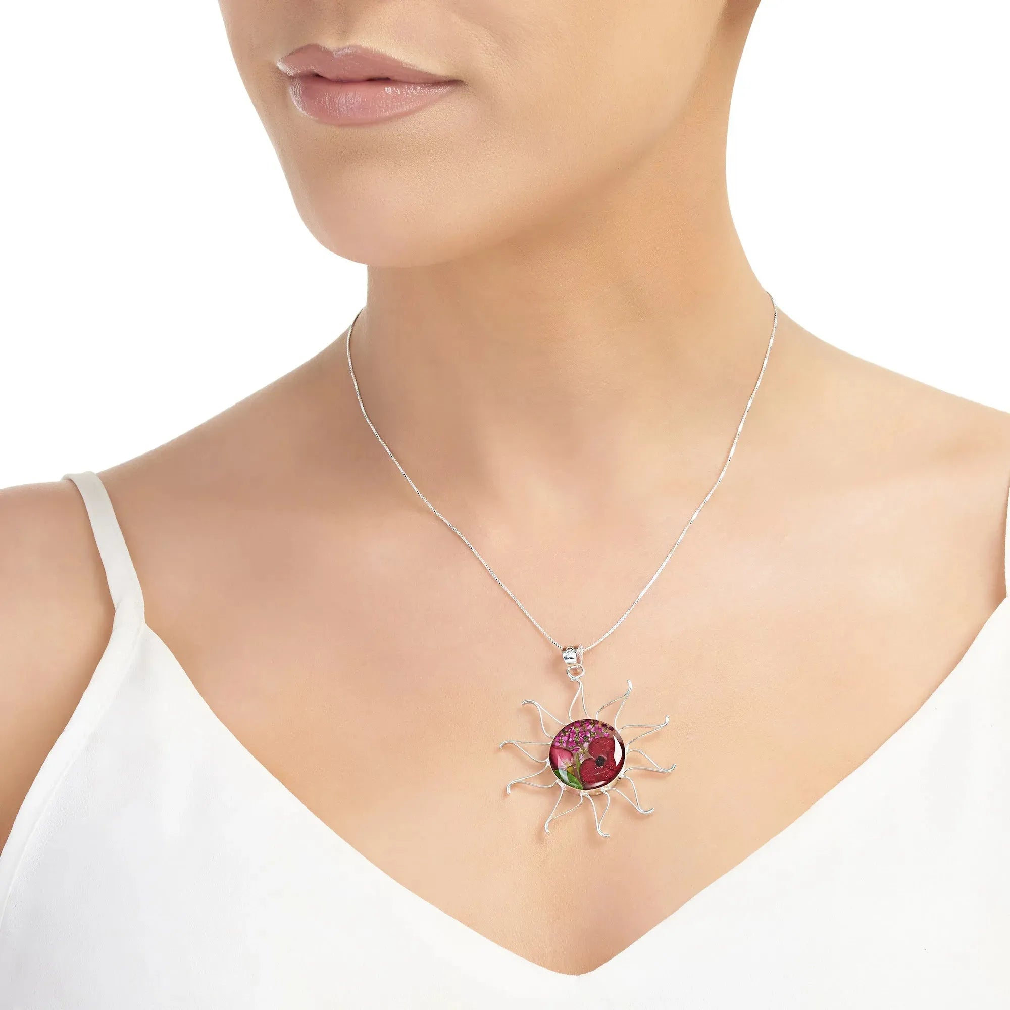 Collana con sole realizzata a mano con fiori veri da Shrieking Violet - Papavero e Rosa
