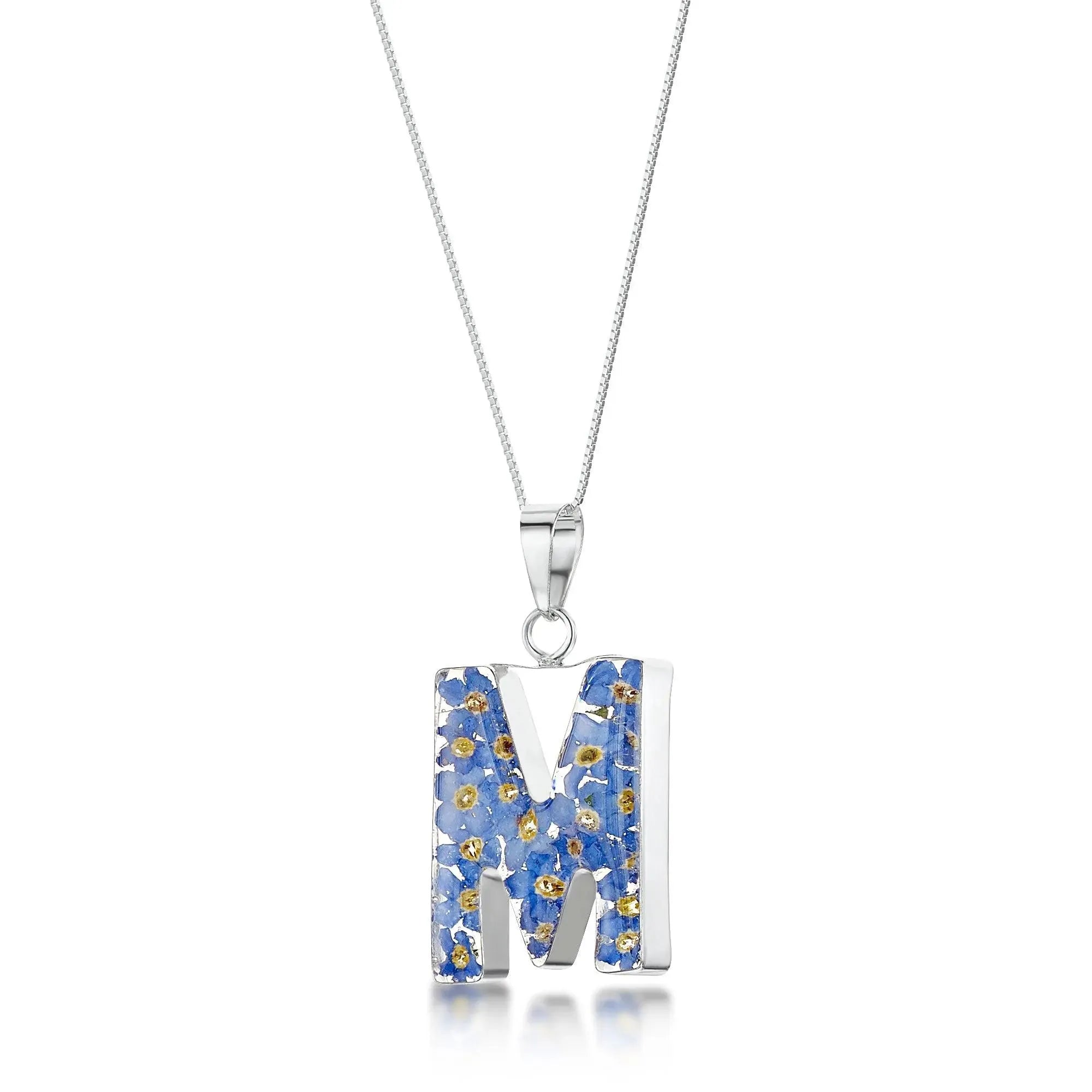 Initial pendant necklace with real forget me not flowers by Shrieking Violet® Ideal birthday gift.
