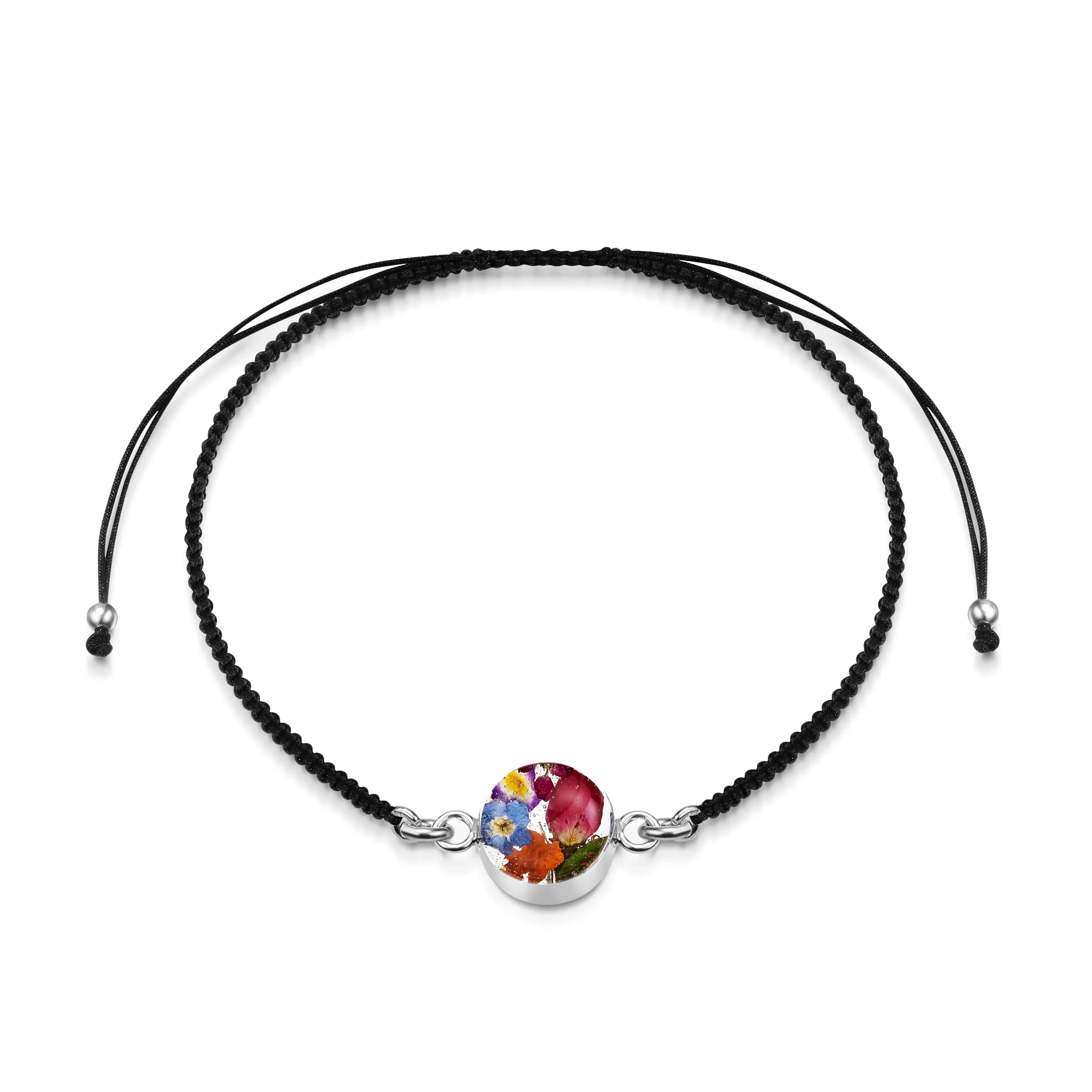 Pulseira de prata esterlina preta com pingente de flor - Flor mista - Redondo