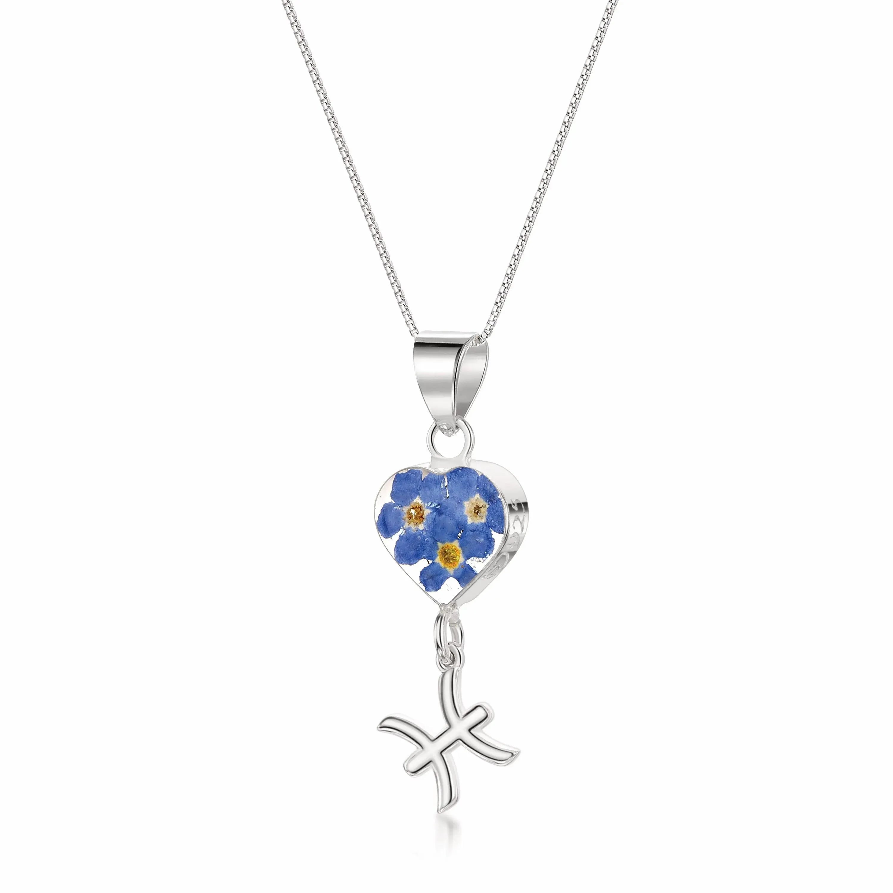 Pisces Necklace - Sterling silver pendant with real flowers & a zodiac charm More Options...