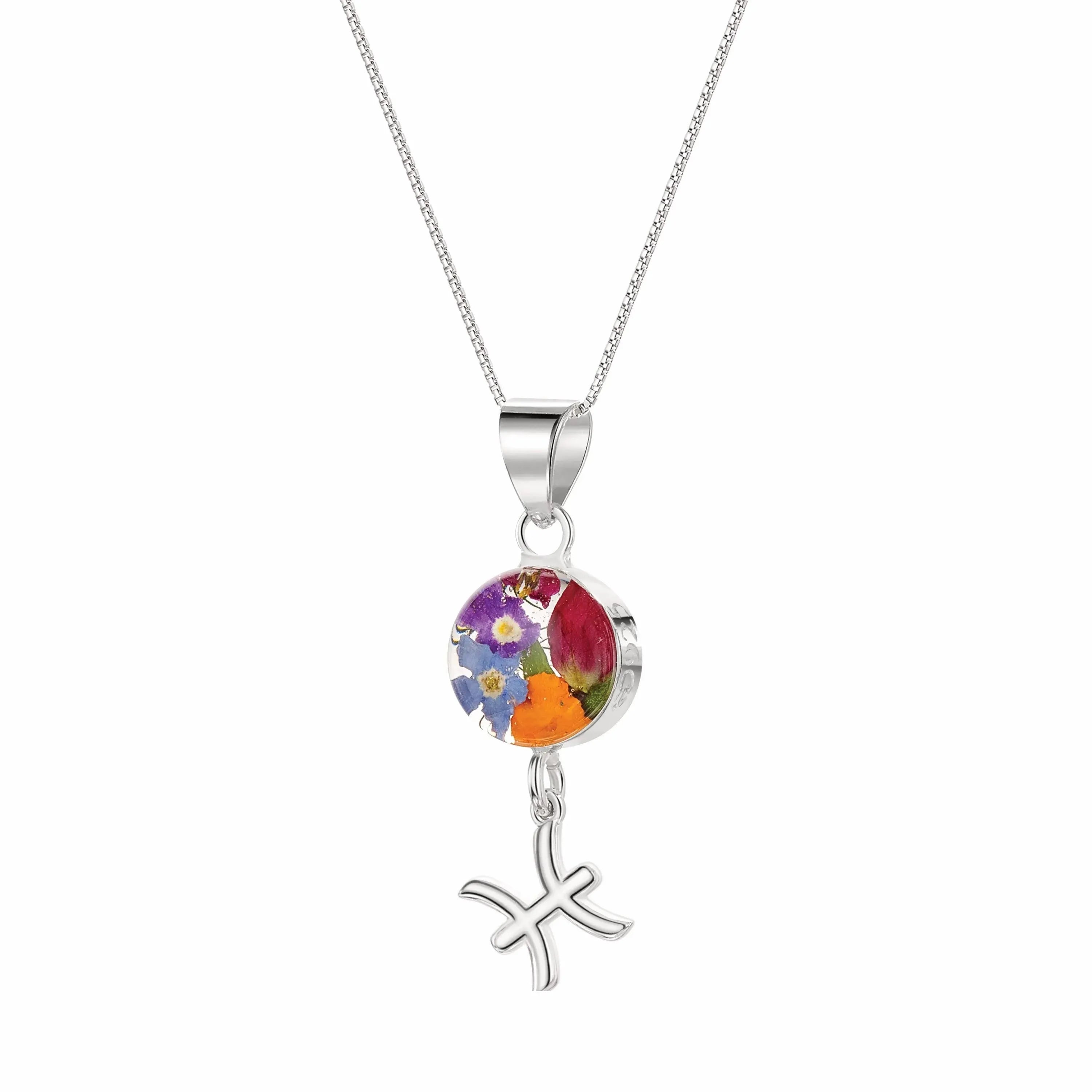 Pisces Necklace - Sterling silver pendant with real flowers & a zodiac charm More Options...