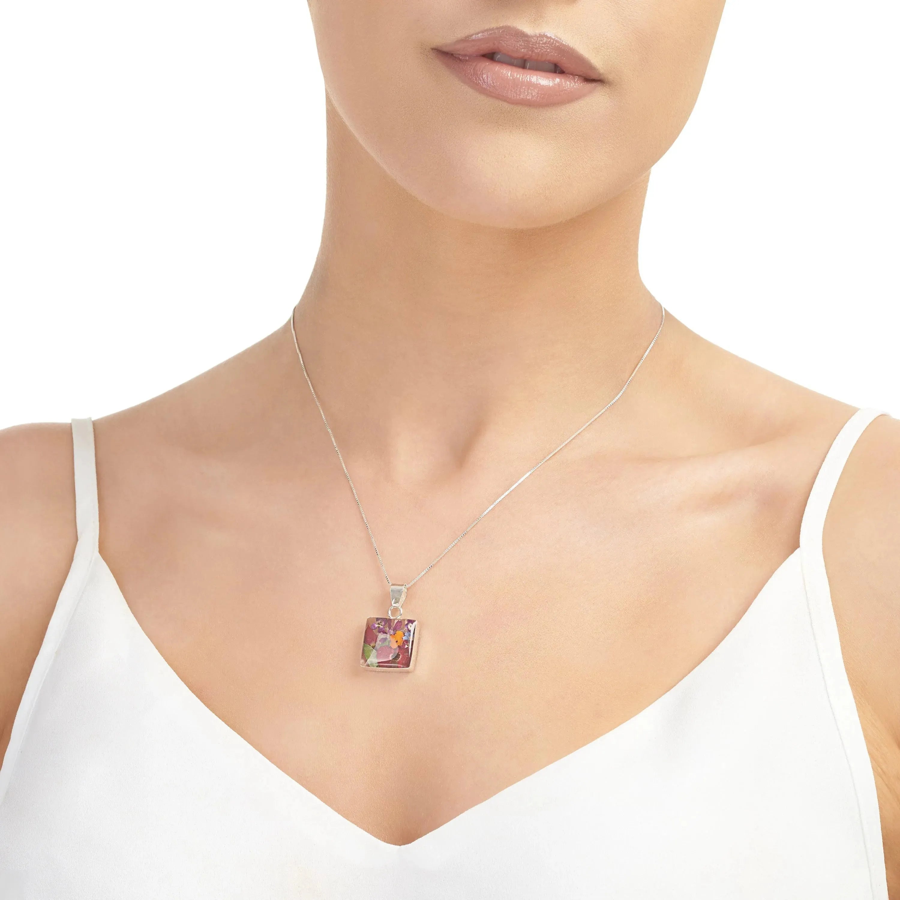 Real flower necklace by Shrieking Violet® Sterling silver square pendant with real flowers. jewellery gift for gardener, florist, nature lovers