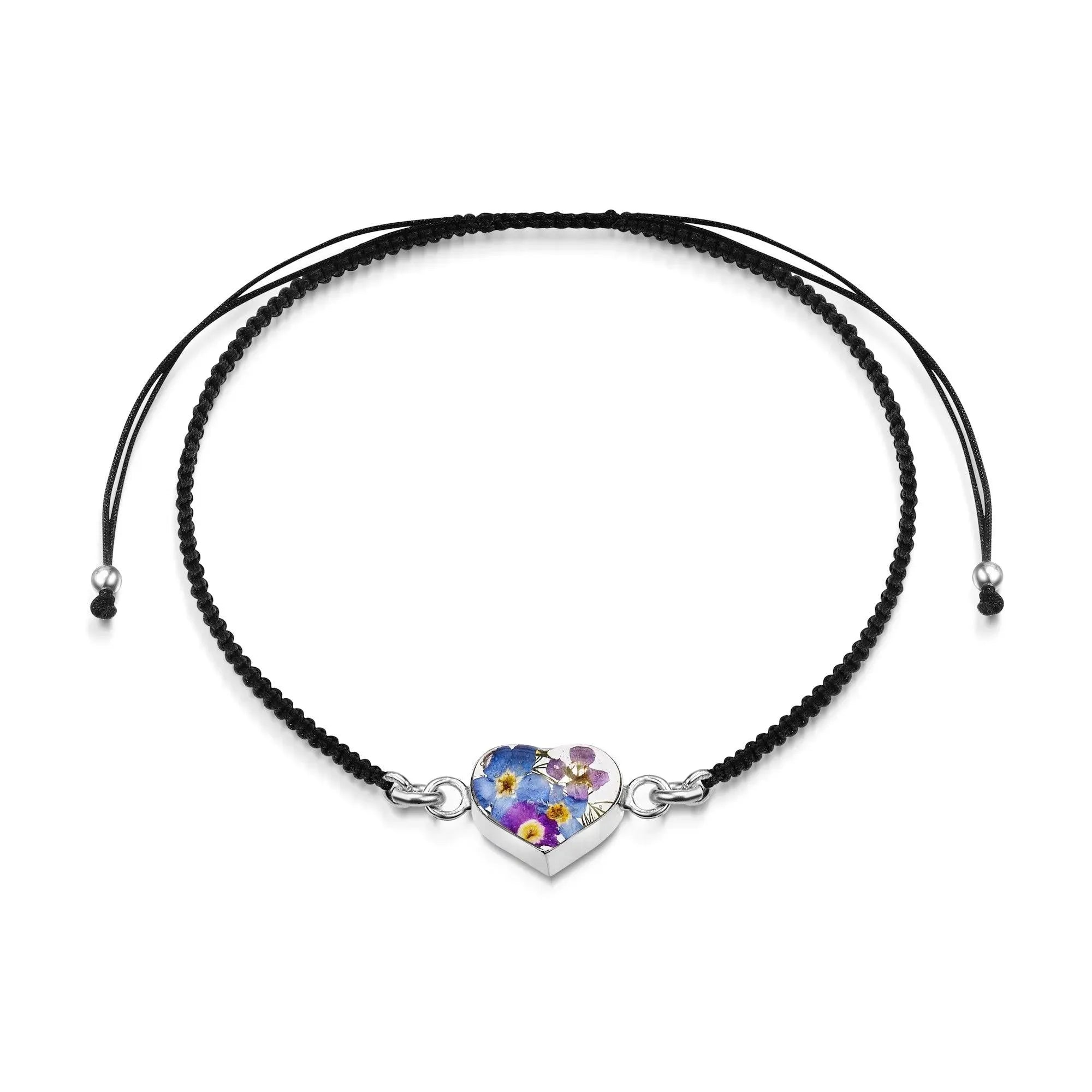 Sterling Silver black woven bracelet with flower charm - Purple Haze - Heart