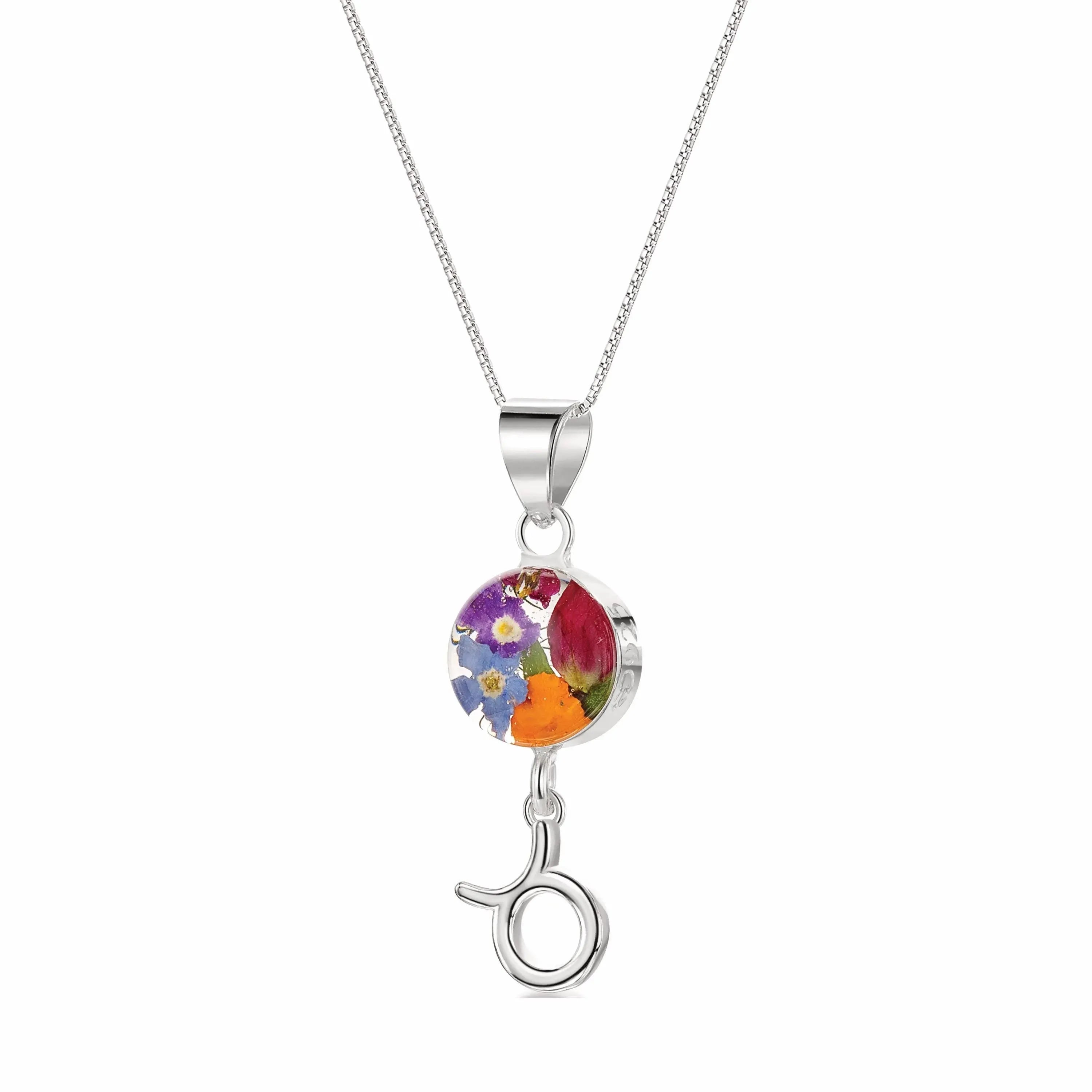 Taurus Necklace - Sterling silver pendant with real flowers & a zodiac charm. More Options...
