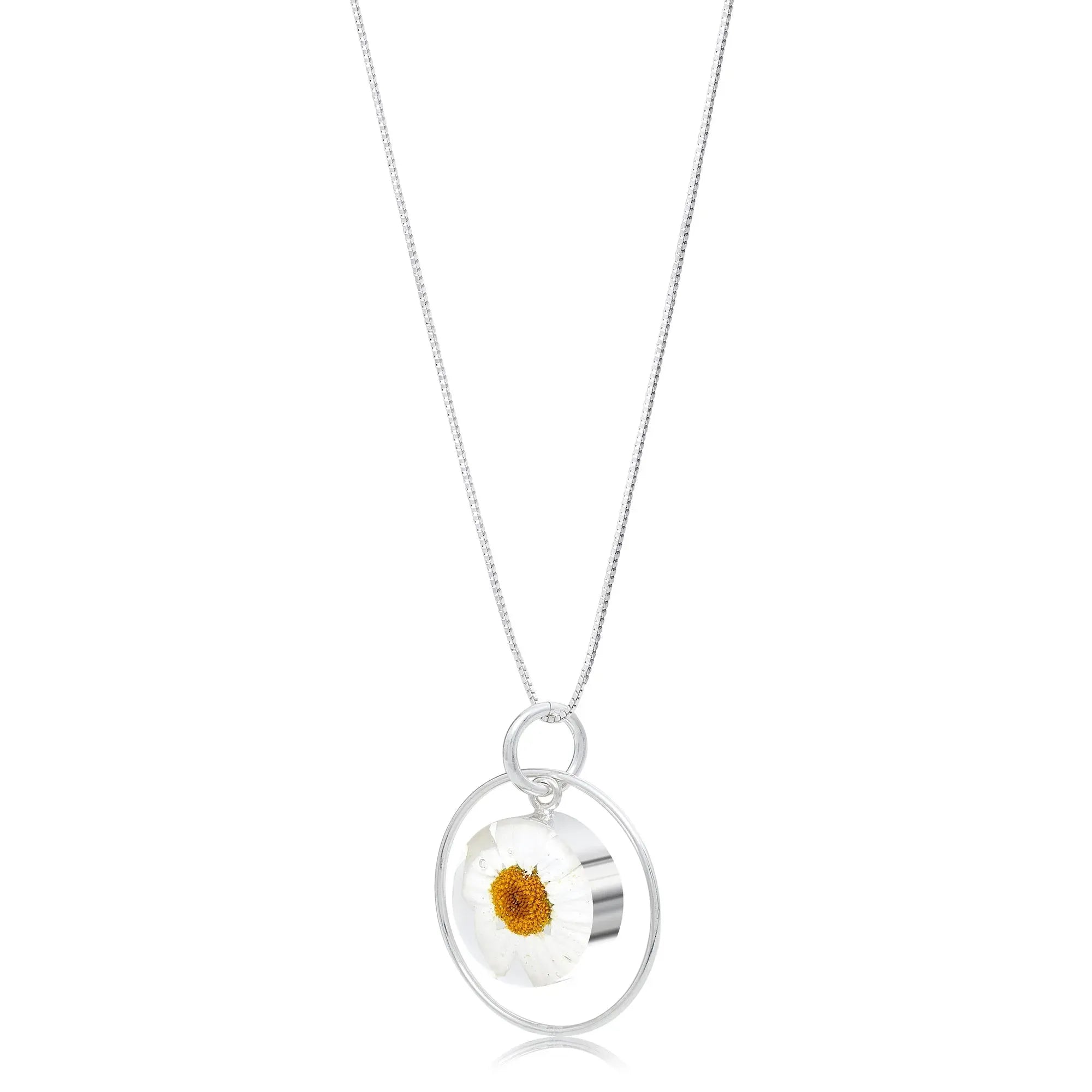 Real White Daisy Hanger Ketting – Sterling Zilveren Cirkel Hanger
