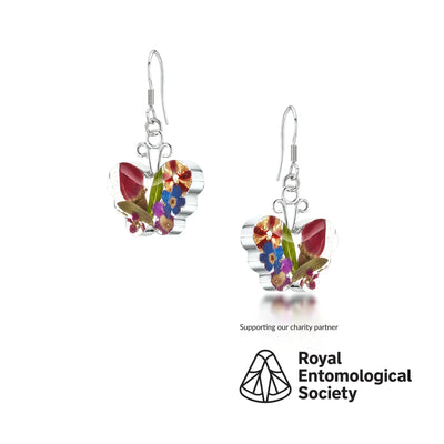 Brincos de borboleta da Shrieking Violet® Brincos pendentes em prata esterlina com flores reais. Presente de joalheria ideal para amantes de borboletas.