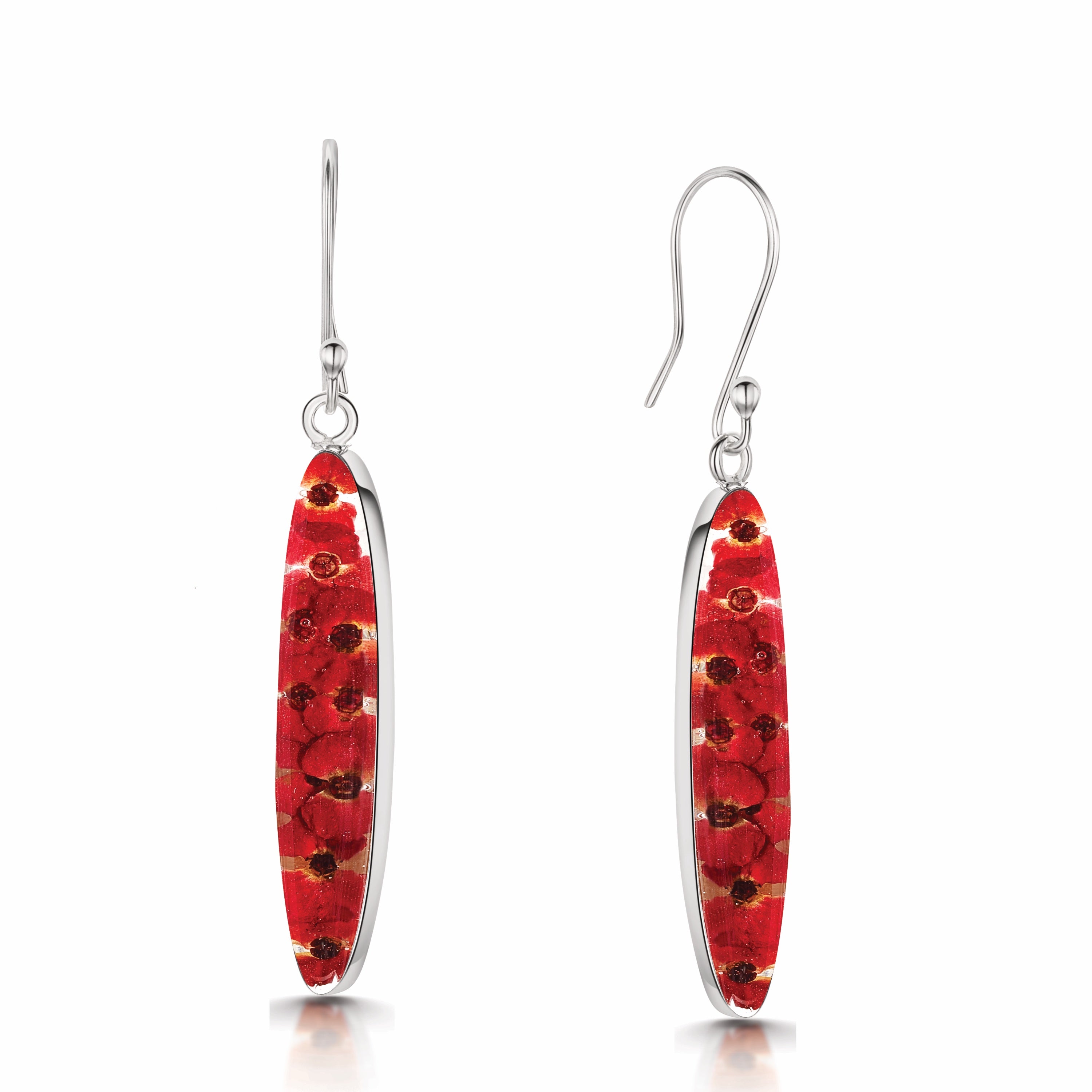 Poppy Earrings (Euphorbia Milii) Long Oval Drop in Sterling Silver