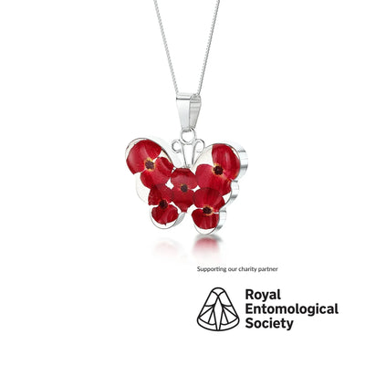 Poppy vlinderketting van Shrieking Violet® Sterling zilveren hanger handgemaakt met echte Euphorbia milii bloemen. Sieradencadeau voor vlinderliefhebbers