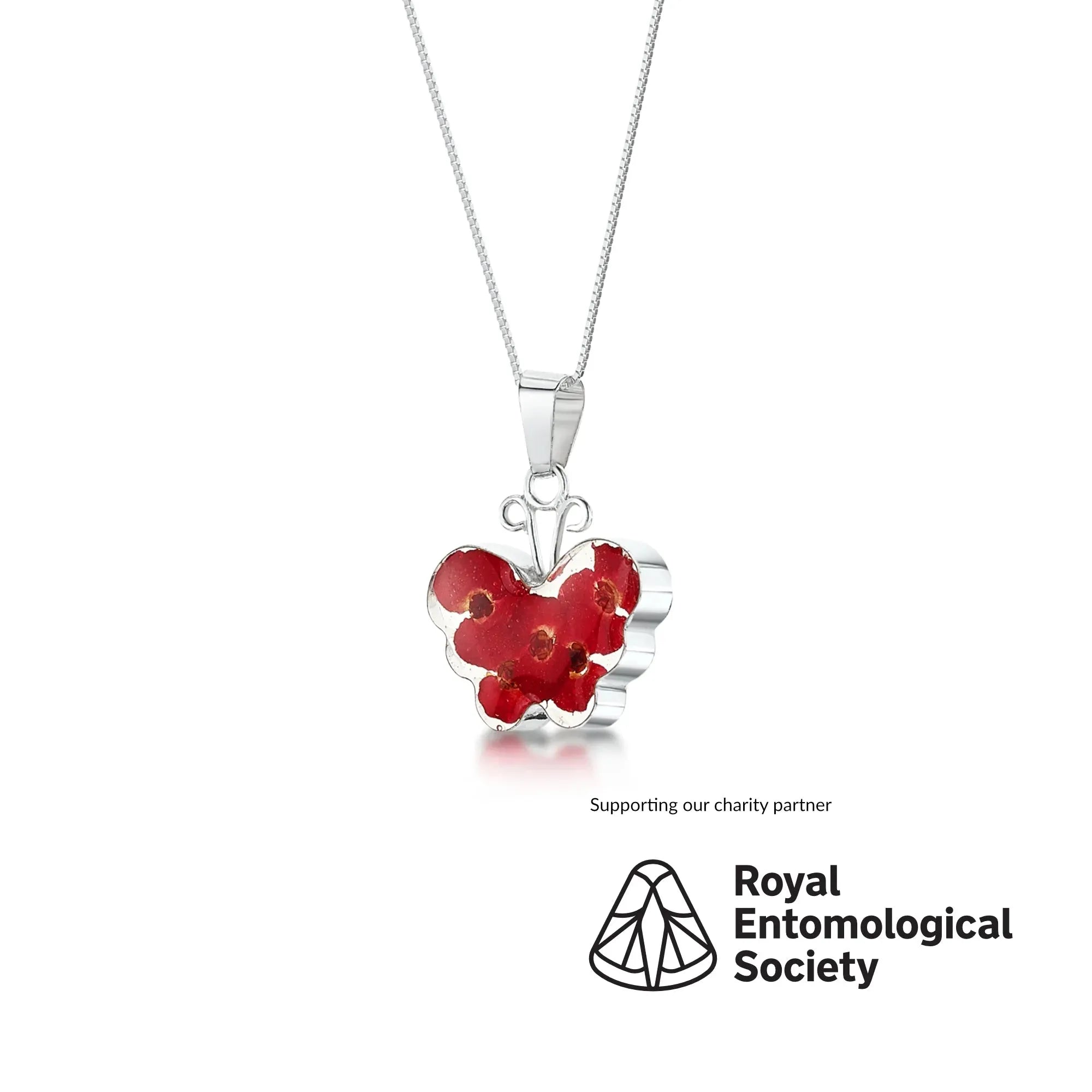 Collana con ciondolo a farfalla di papavero di Shrieking Violet® in argento sterling, realizzata a mano con veri fiori di Euphorbia milii. Gioiello regalo per amanti delle farfalle