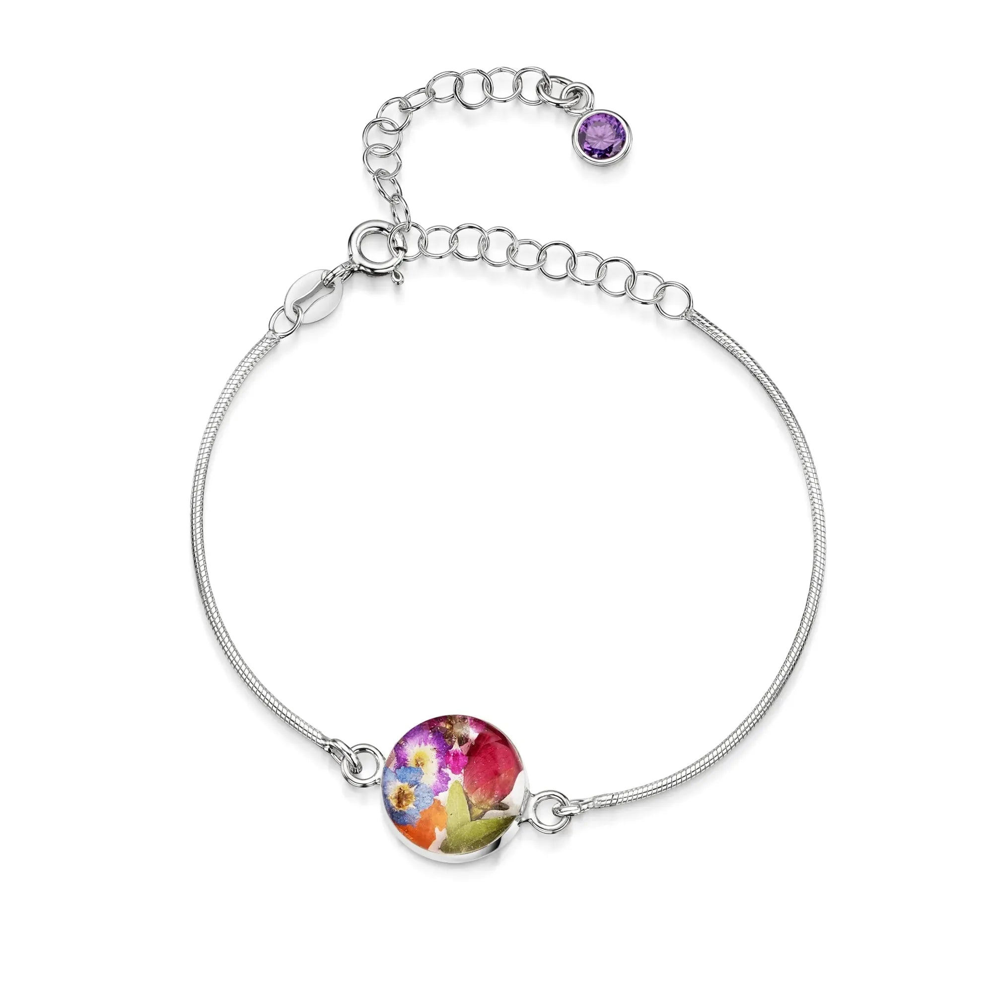 Braccialetti personalizzati in argento sterling con pietra di nascita a forma di fiore | Viola stridente®