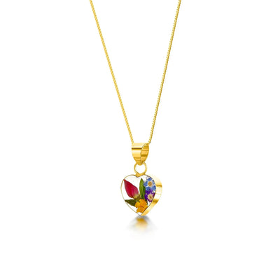 Zilveren kleine hart hanger ketting met echte gemengde bloemen
