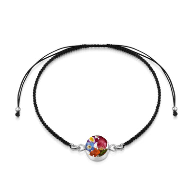 Sterling Silver black woven bracelet with flower charm - Mixed flower - Round