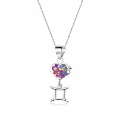Gemini Necklace - Sterling silver pendant with real flowers & a zodiac charm. More Options...