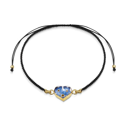 Gold plated black woven bracelet with flower charm - Forget-me-not - Heart
