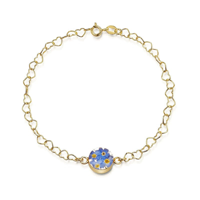 Gold plated Heart linked chain bracelet with flower charm - Forget-me-not - Round