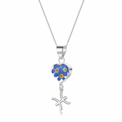 Pisces Necklace - Sterling silver pendant with real flowers & a zodiac charm More Options...