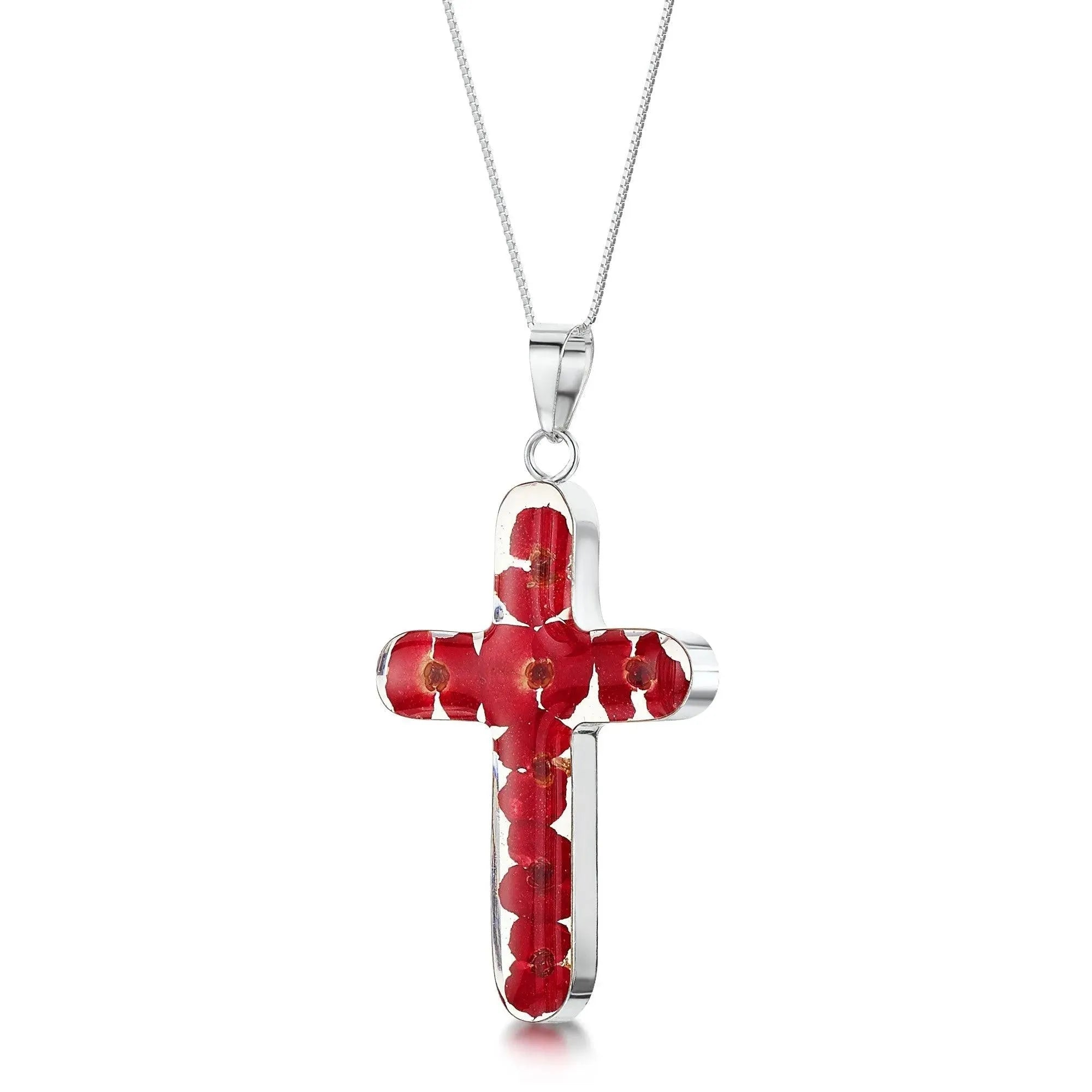 Poppy cross necklace by Shrieking Violet® Sterling silver pendant handmade with real Euphorbia milii flowers. Perfect jewellery gift for Christmas.