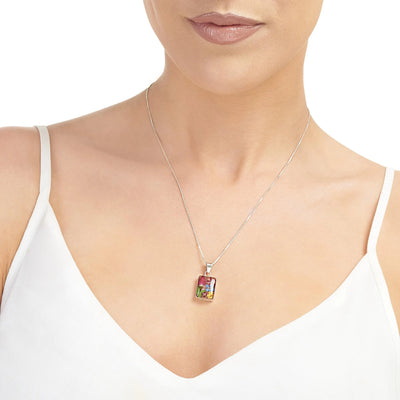 Real flower jewellery by Shrieking Violet® Sterling silver rectangle pendant necklace with real flowers including miniature rose & forget-me-nots.