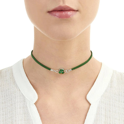 Shrieking Violet Funky Choker Necklace - Green 'Vegan suede' strap - Four-leaf Clover - Perfect gift for teacher - Sterling silver - One size