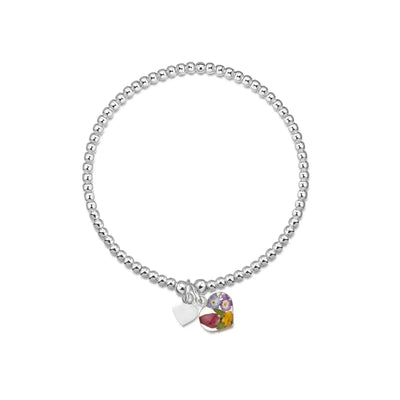 Sterling silver beaded elasticated bracelet - Handmade real flower charm - Sterling silver heart charm