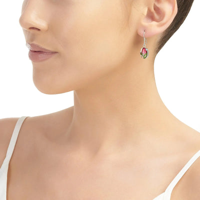 Valentines gift. Sterling silver Dangle drop oval earrings with Miniature roses by Shrieking Violet - Handmade - Real flowers - Romantic jewellery